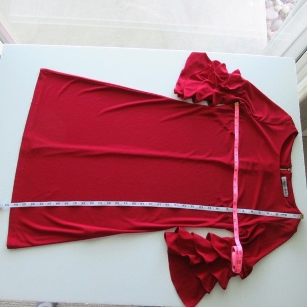 Red Shift Dress with Ruffle Bell Sleeves - Picture 6 of 9